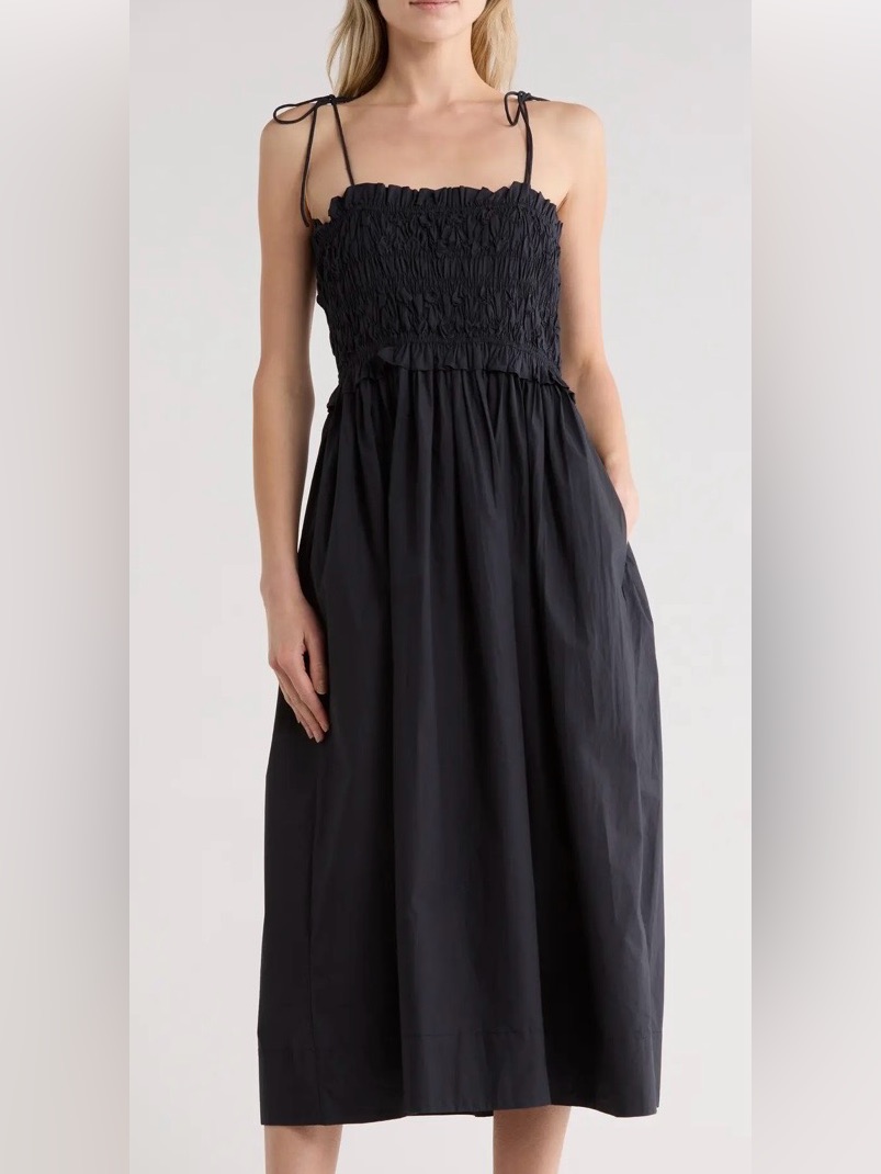 Ulla Johnson Black Smocked Ruffled Midi Dress In 100% Cotton - 8